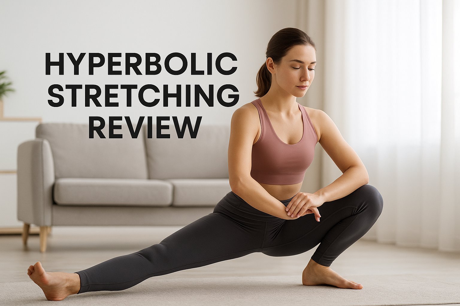 A fit woman stretching in a bright living room, performing a deep lunge or side split, with a calm, focused expression. Minimal, clean background. Natural light from a window. Overlay text: ‘Hyperbolic Stretching Review’ in bold modern font.