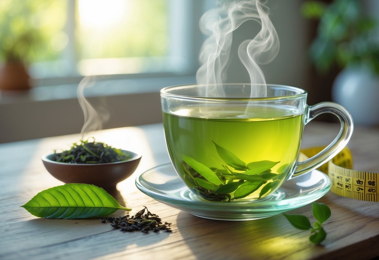 A clear glass cup of steaming green tea on a wooden table next to loose tea leaves and a measuring tape in a sunlit kitchen.