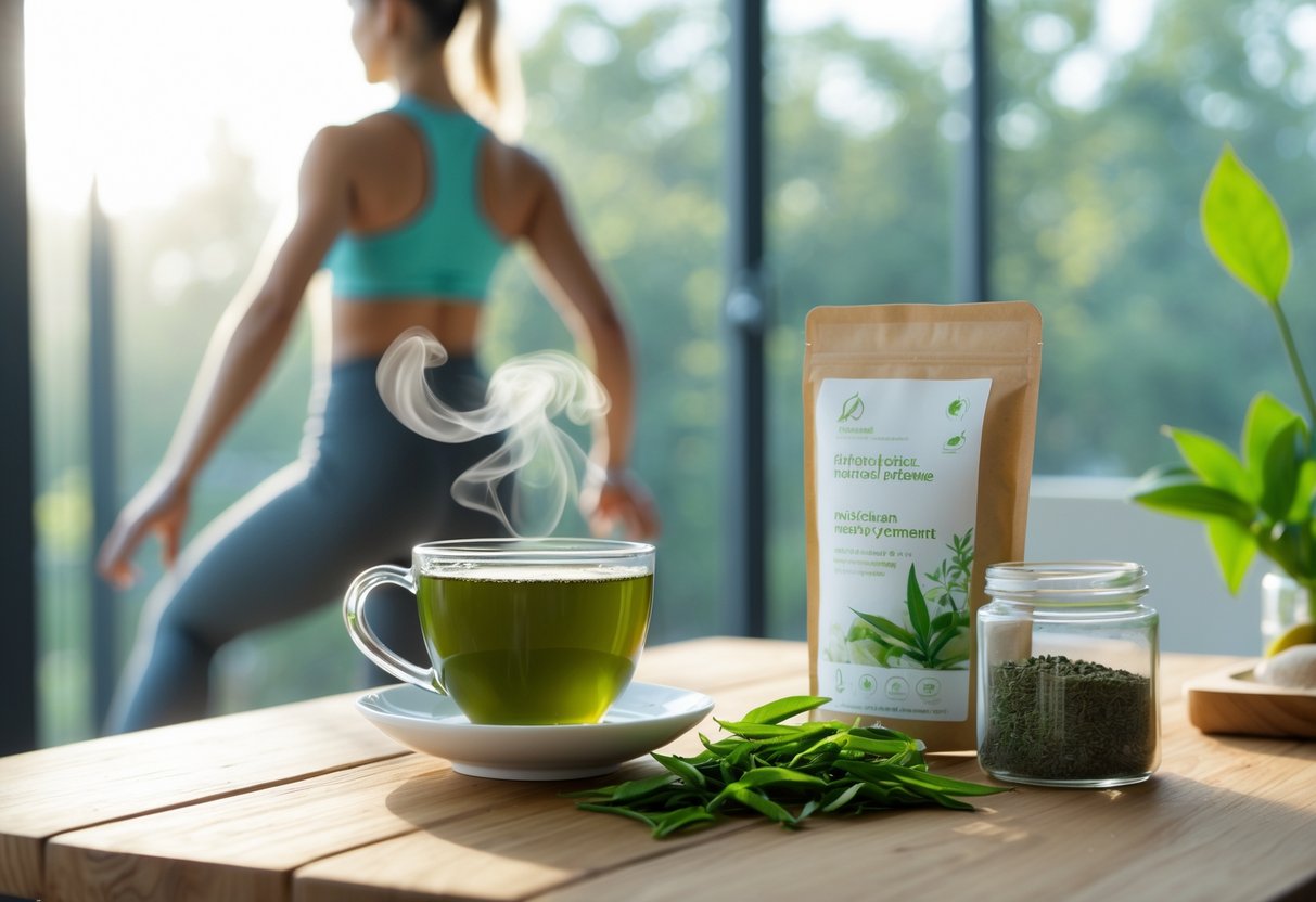 A steaming cup of green tea on a wooden table with fresh tea leaves and a small jar of tea powder, with a blurred person stretching in the background.