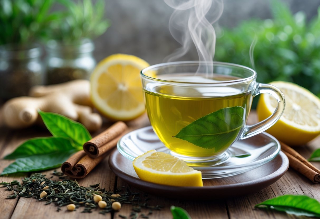 A steaming cup of green tea on a wooden table surrounded by fresh green tea leaves, cinnamon sticks, ginger slices, and lemon wedges.