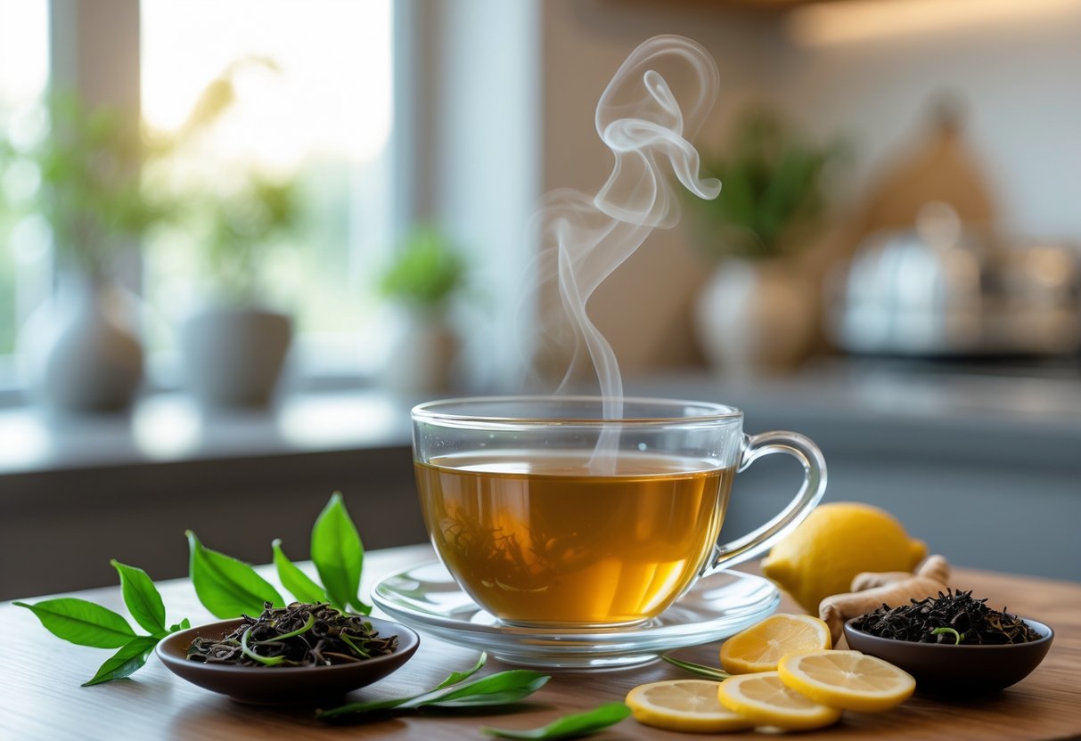 A glass cup of steaming tea on a wooden table surrounded by fresh tea leaves, lemon slices, and ginger in a bright kitchen setting.