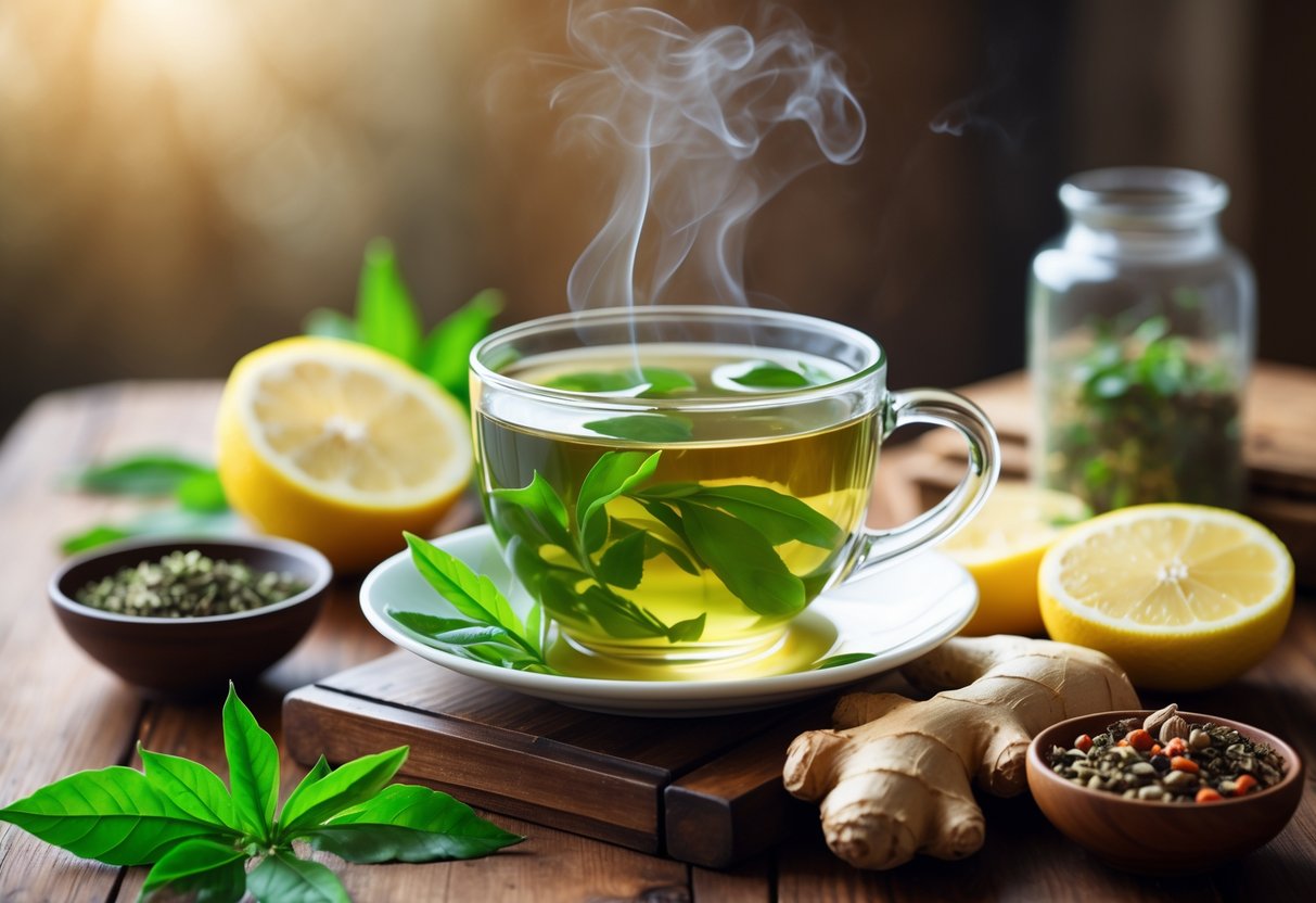 A steaming cup of herbal tea on a wooden table surrounded by fresh green tea leaves, lemon slices, ginger root, and assorted herbs.