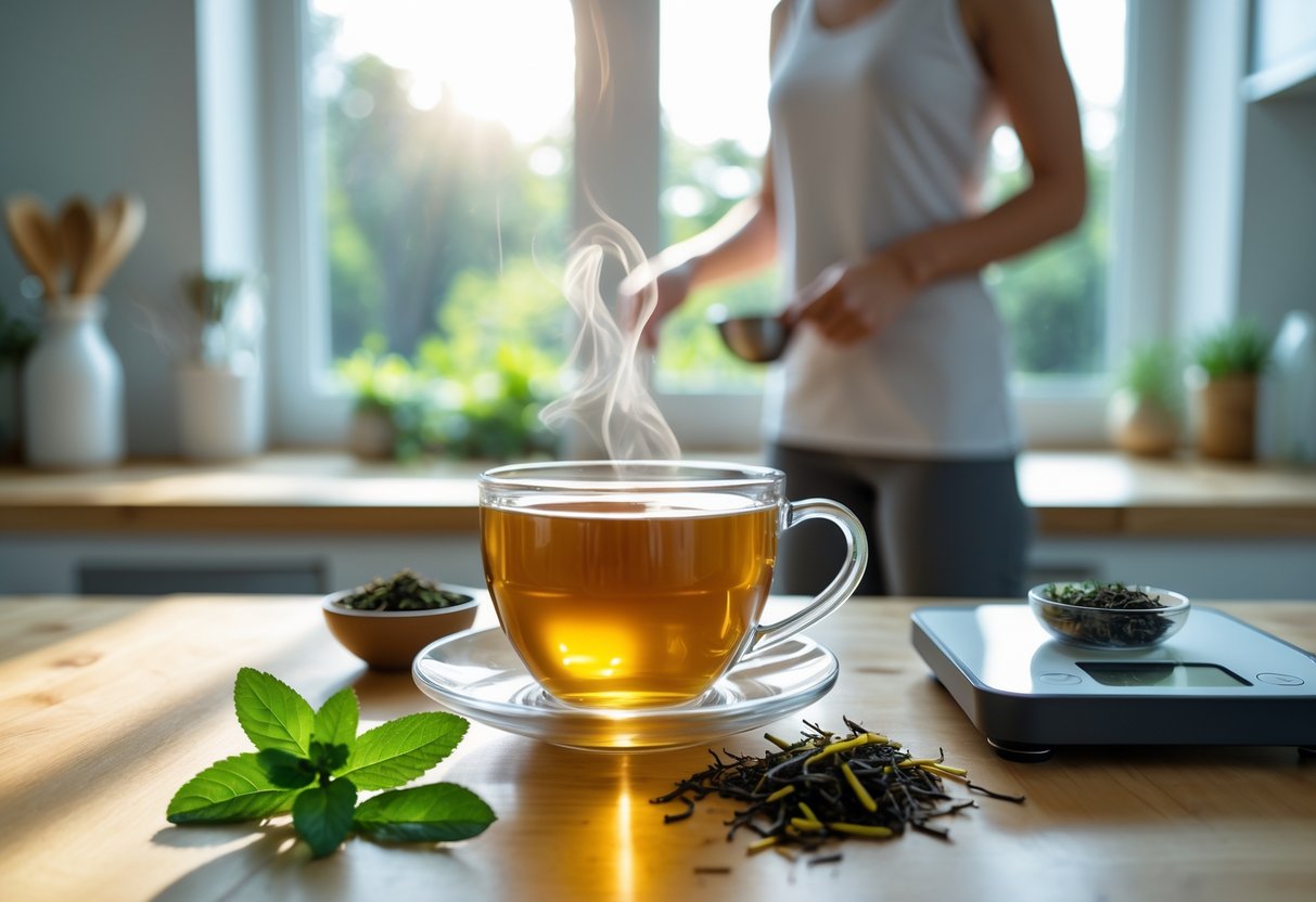 A steaming glass cup of tea on a wooden countertop with fresh tea leaves and herbs nearby, in a bright kitchen with a person preparing tea in the background.