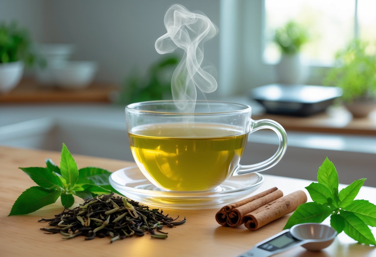 A steaming glass cup of herbal tea on a wooden table with fresh green tea leaves and cinnamon sticks, set in a bright kitchen with natural light.