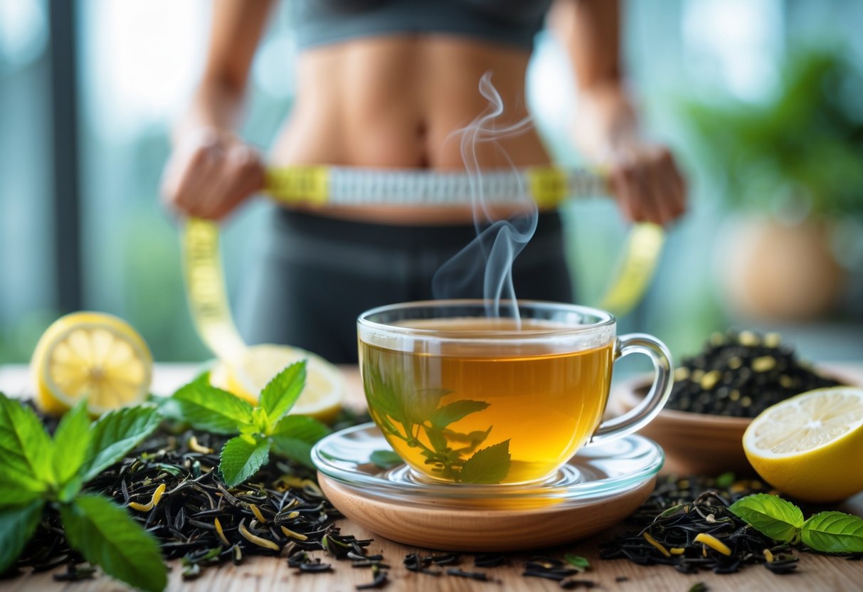 A steaming cup of herbal tea on a wooden table with fresh green tea leaves and lemon slices, and a person measuring their waist in the background.