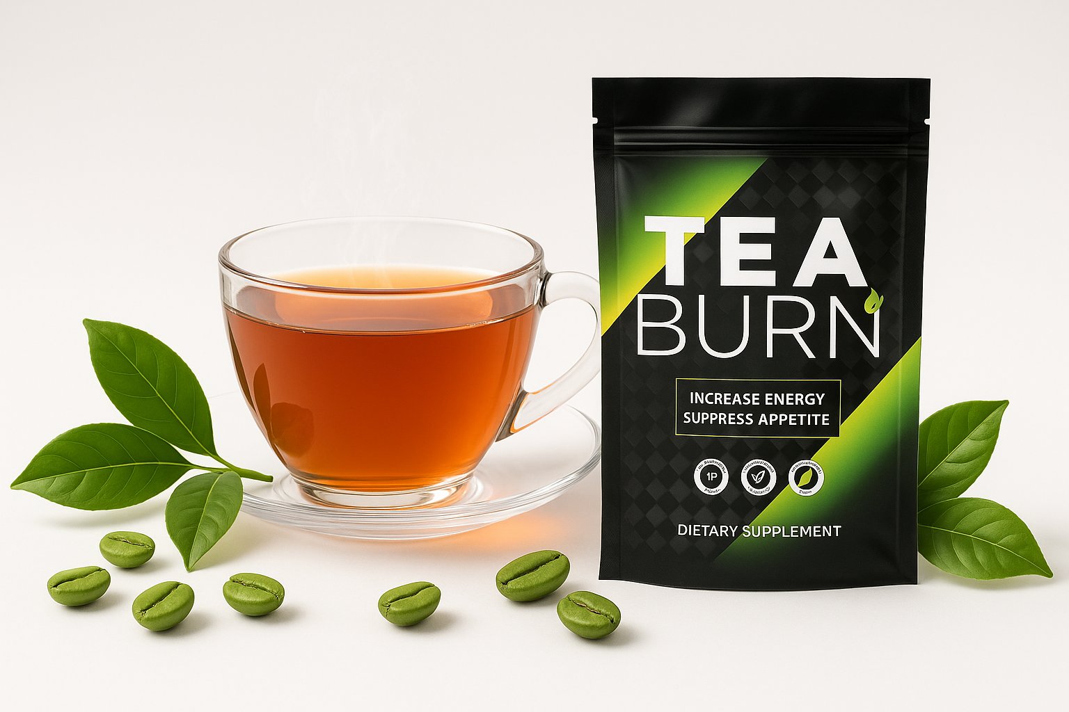 A glass cup of hot tea with rising steam, surrounded by natural ingredients like green tea leaves, green coffee beans, and a supplement pouch labeled “Tea Burn” on a clean white background. Include soft lighting and a wellness vibe.