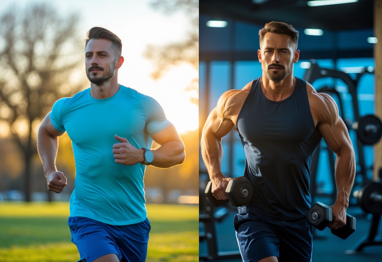 A man exercising outdoors in the morning on one side and lifting weights indoors in the evening on the other side.