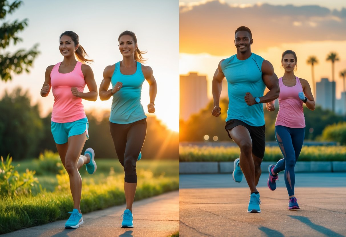 A man and woman exercising outdoors, with one side showing a morning workout at sunrise and the other side showing an evening workout at sunset.