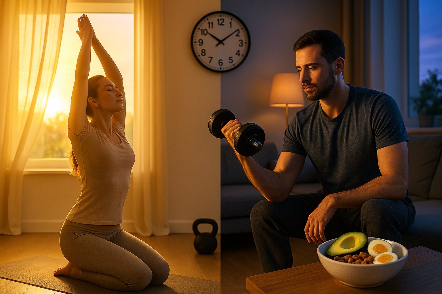 A split scene showing a sunrise and sunset. On the left, a woman doing yoga or stretching in the morning light; on the right, a man lifting dumbbells at home in evening lighting. Add visual cues like a clock, kettlebell, and a bowl of keto-friendly food on the side. Use warm golden and cool twilight tones to convey time contrast.