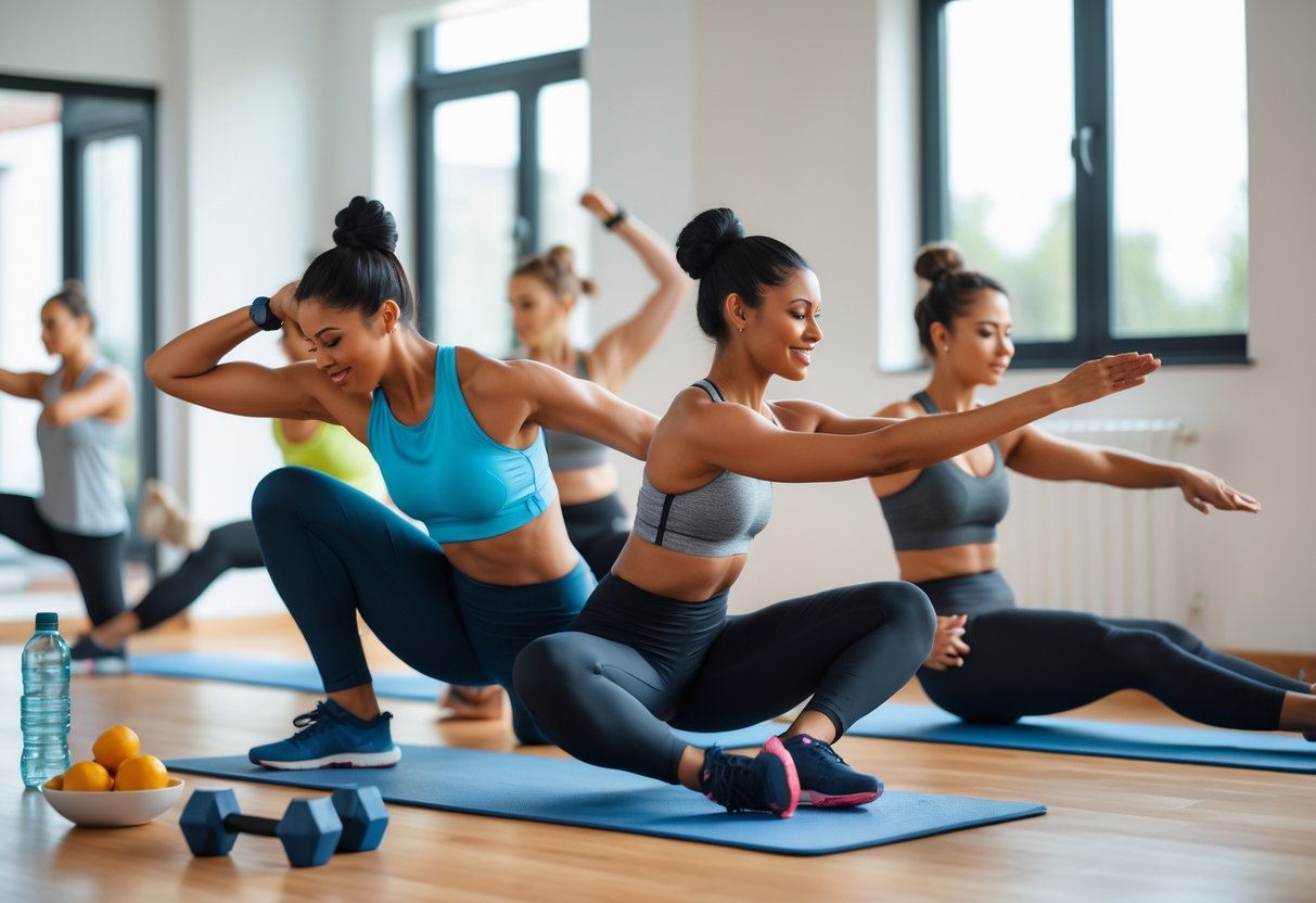A group of people stretching and warming up together in a bright home workout space with exercise equipment nearby.