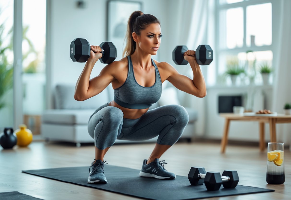 A fit woman performing a strength workout at home in a bright living room with exercise equipment nearby.