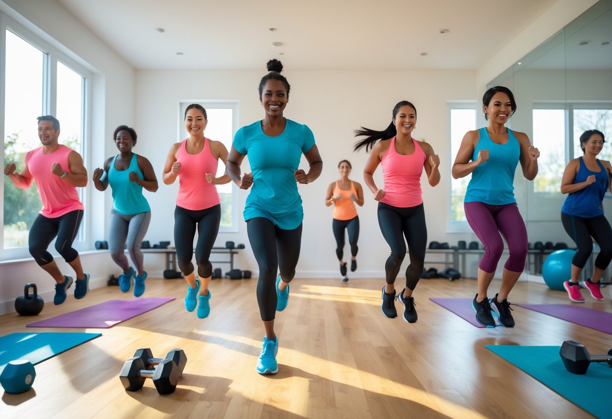 A diverse group of people doing high-intensity cardio exercises together in a bright home gym.