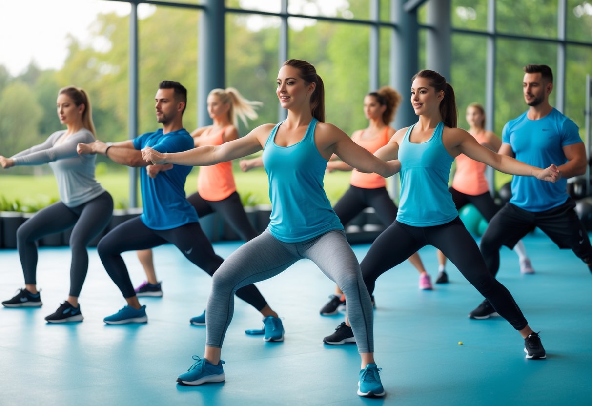 A group of people performing different workout warm-up exercises outdoors, stretching and moving to prepare for a workout.