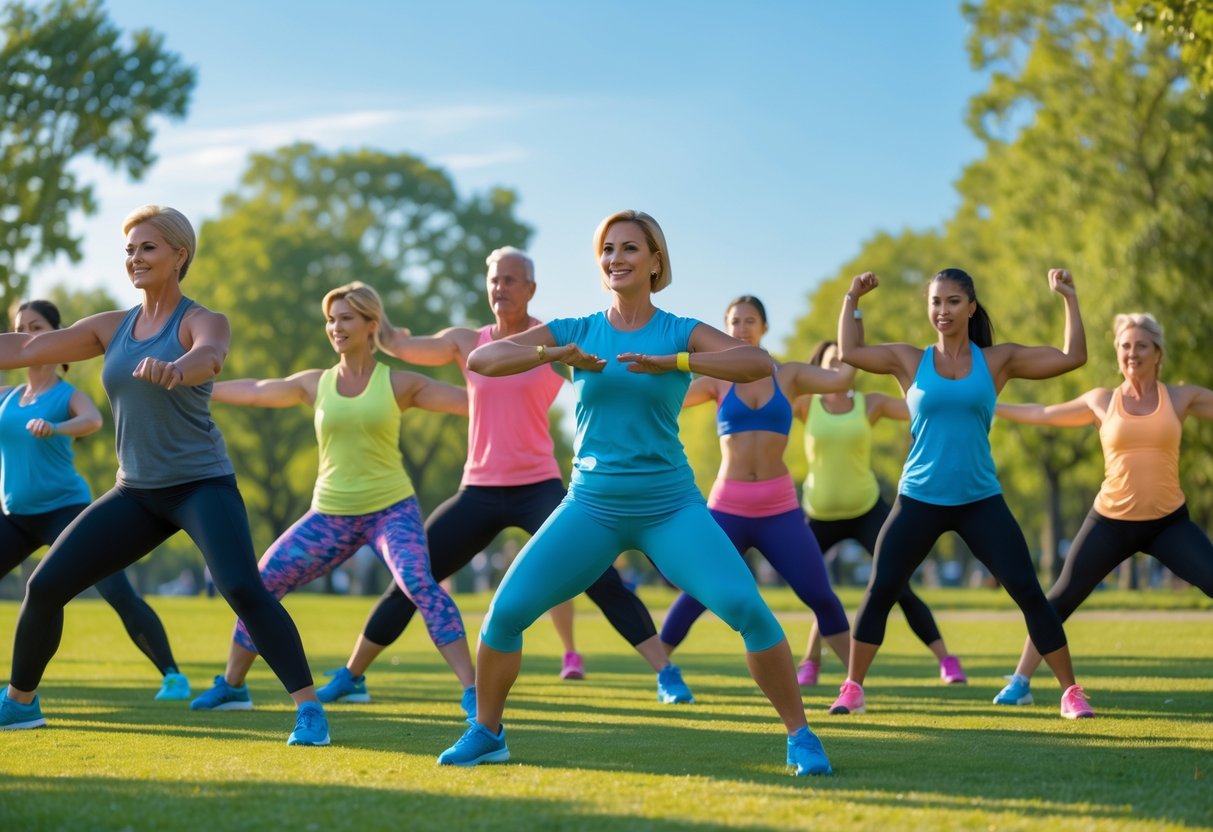 A group of adults performing warm-up exercises outdoors in a park, stretching and moving their bodies before a workout.