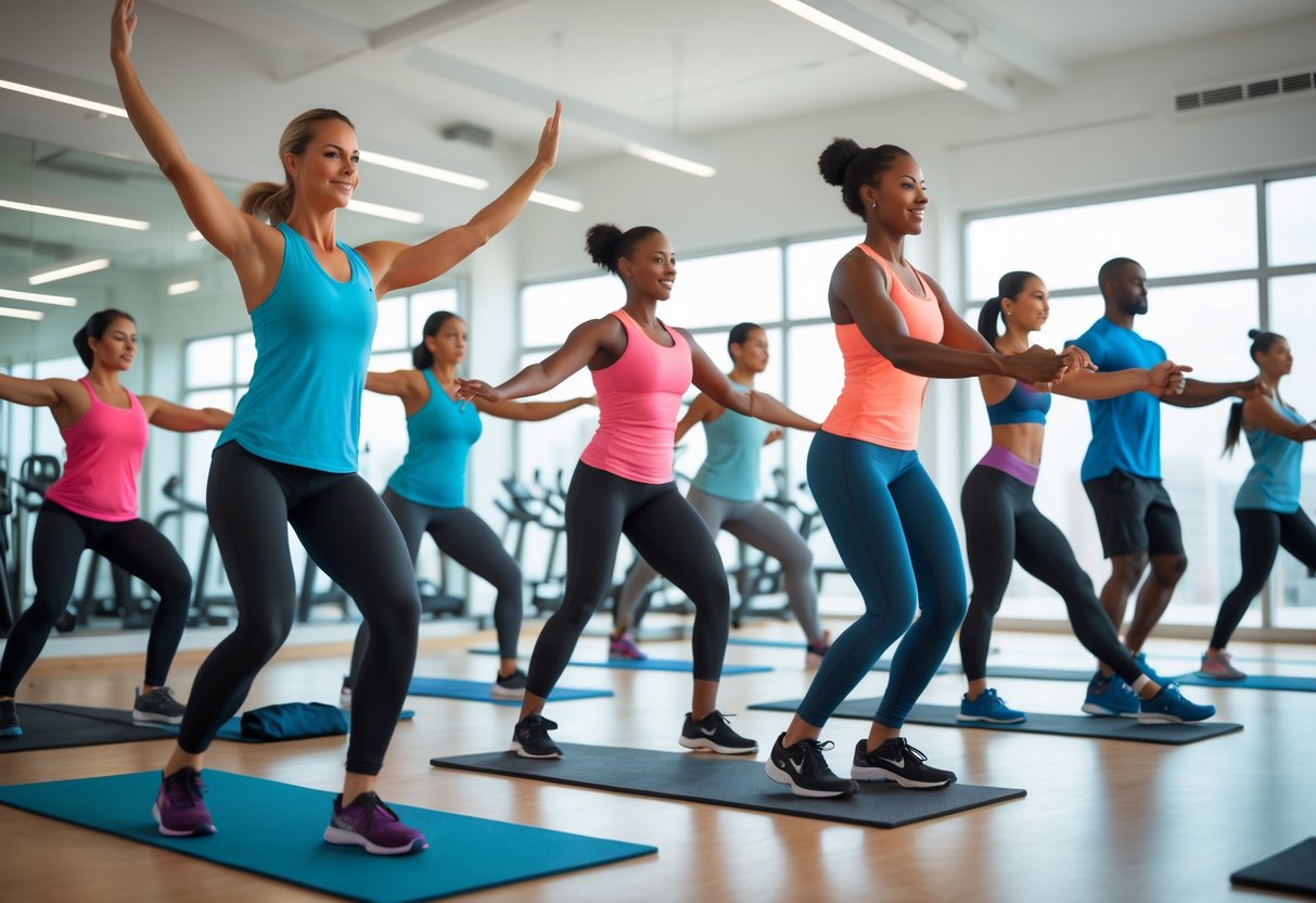 A group of people performing warm-up exercises together in a bright gym without using any equipment.