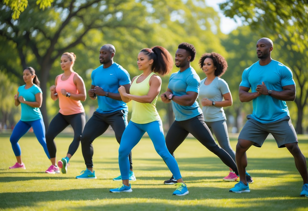 A group of diverse adults performing warm-up exercises outdoors in a park, stretching and moving without any equipment.
