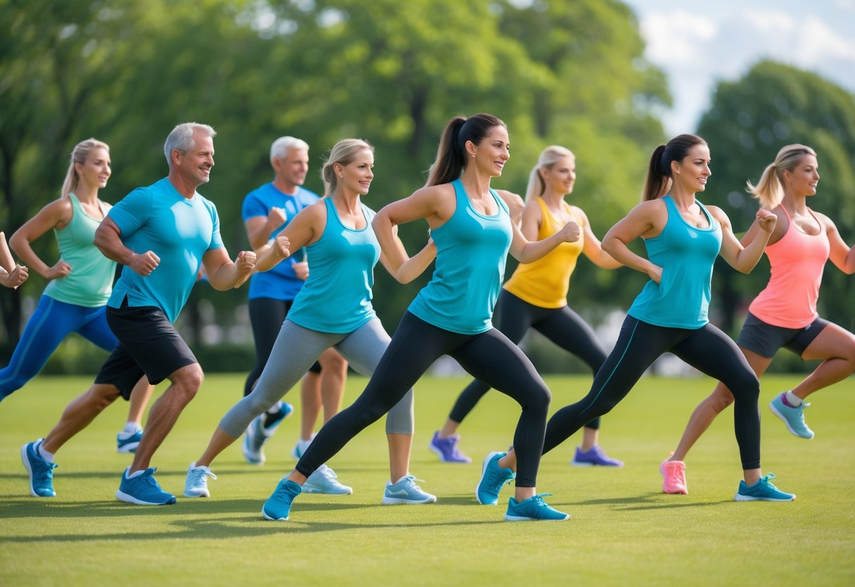 A group of people performing various warm-up exercises outdoors in a park.