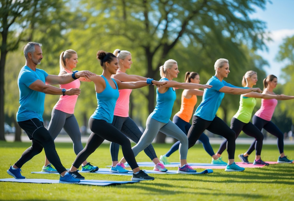 A group of people performing warm-up exercises outdoors in a park, stretching and moving their muscles without any equipment.