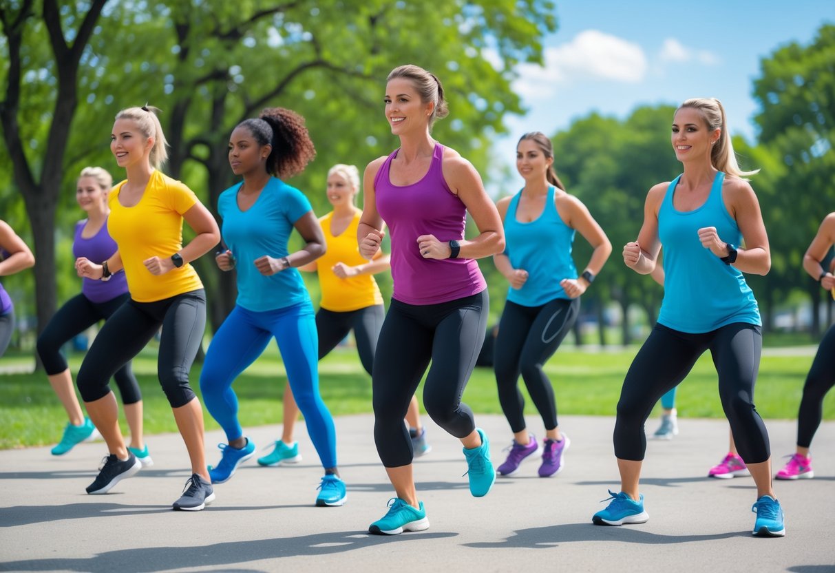A group of adults performing warm-up exercises outdoors in a park on a sunny day.
