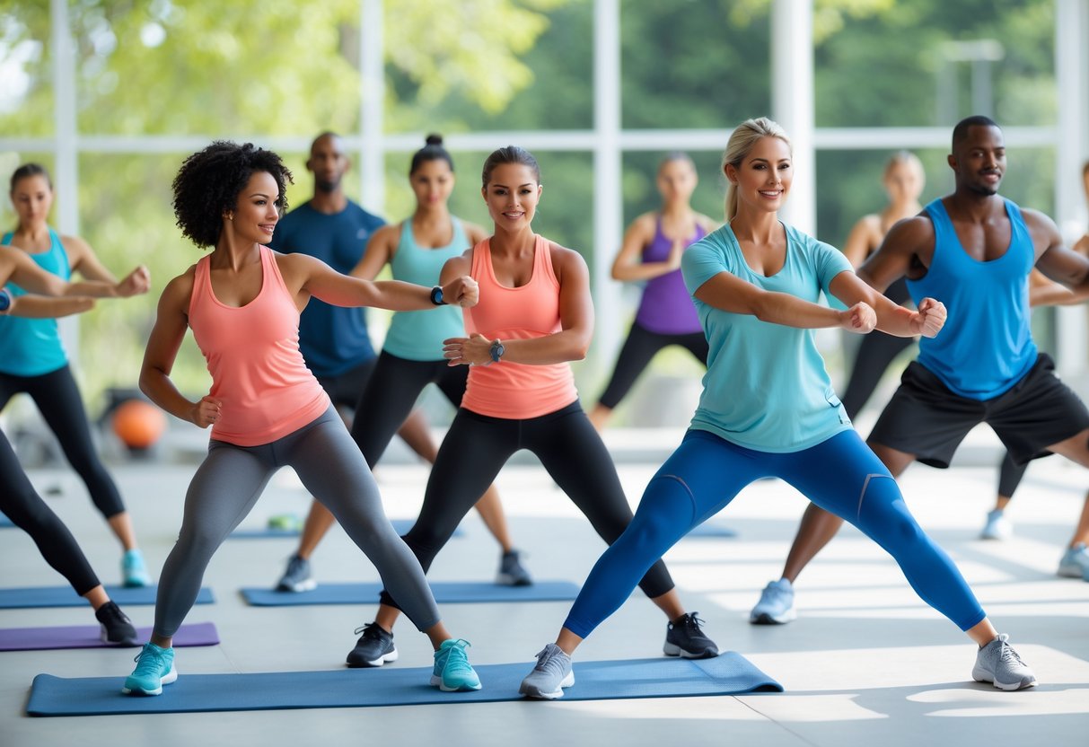 A group of diverse adults performing warm-up exercises outdoors in athletic clothing.