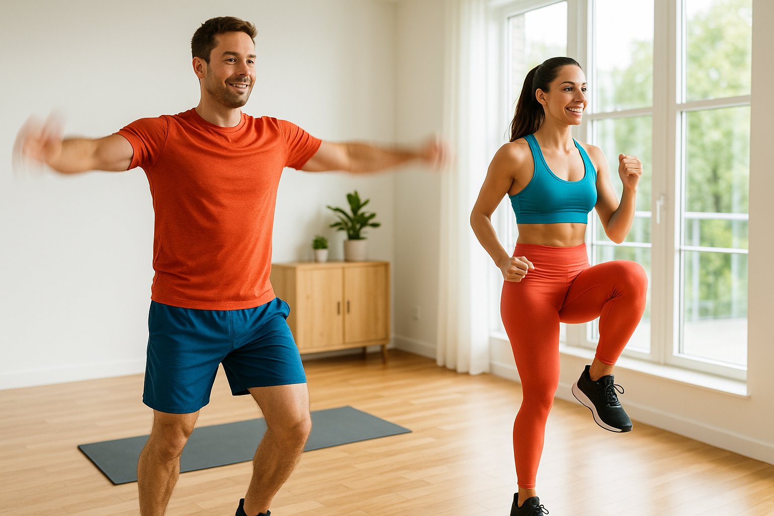 An energetic, brightly lit scene showing a man and woman in athletic wear doing warm-up stretches in a home gym environment. Include no equipment, clear motion (e.g., arm circles or high knees), hardwood floor or yoga mat, and a modern interior with natural light.