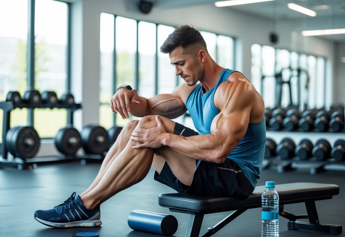 The image showing muscle soreness after workout. A young man in gym clothes sitting on a bench, massaging his thigh muscle in a bright gym with workout equipment around him.