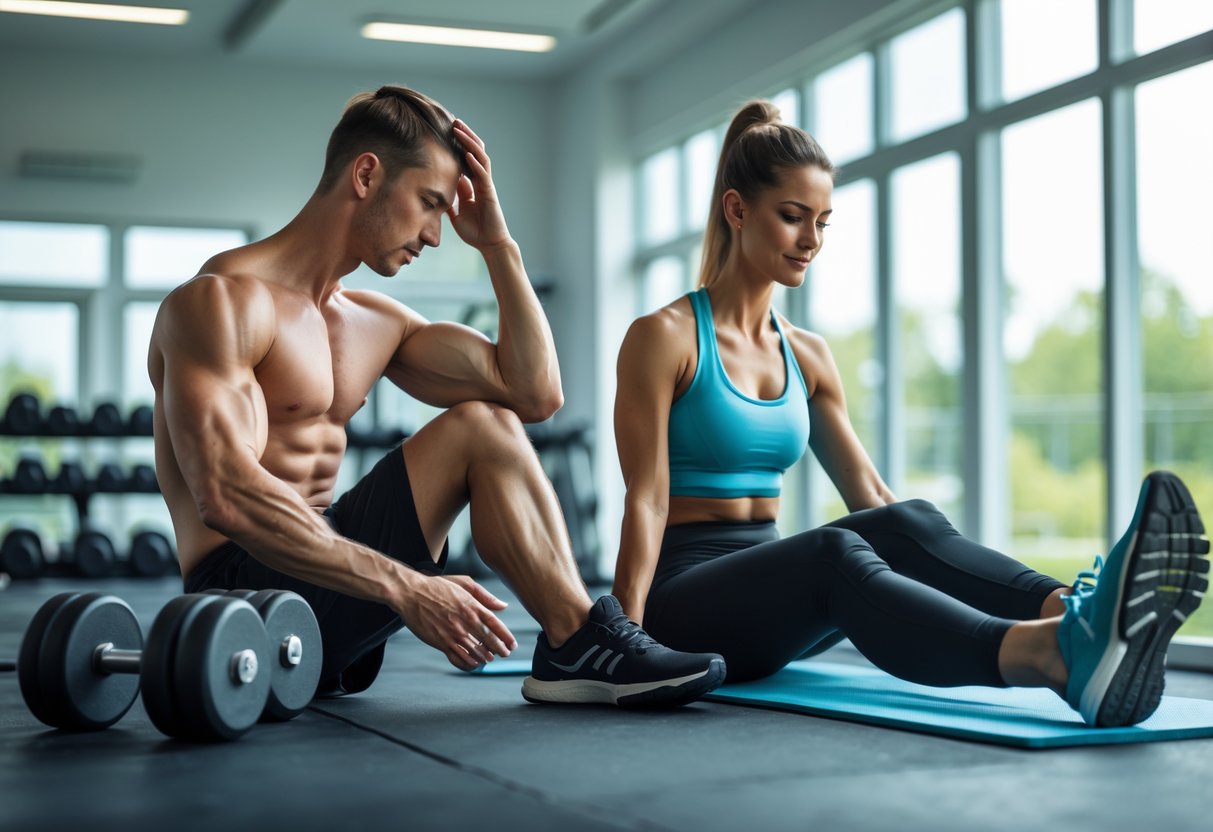 A man massaging his arm and a woman stretching in a gym after exercising, surrounded by workout equipment.