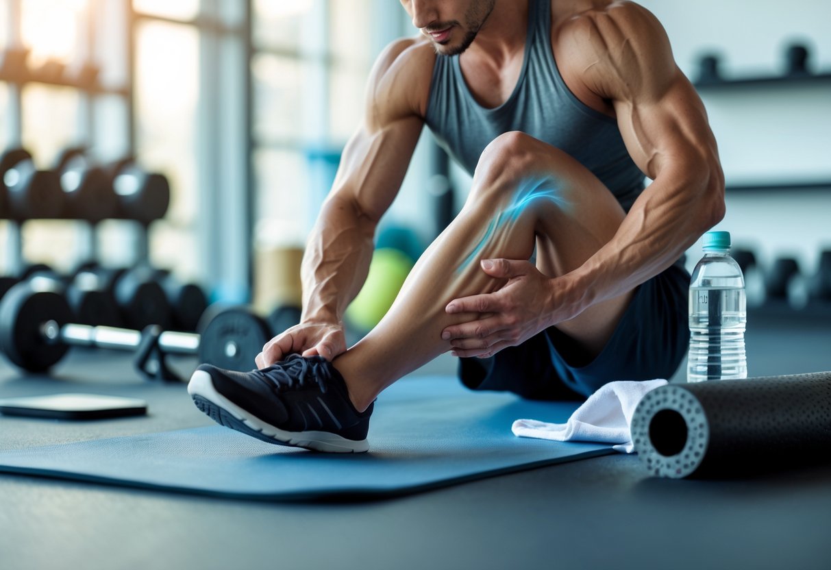 A young athlete massaging their sore leg muscle in a gym surrounded by exercise and recovery equipment.