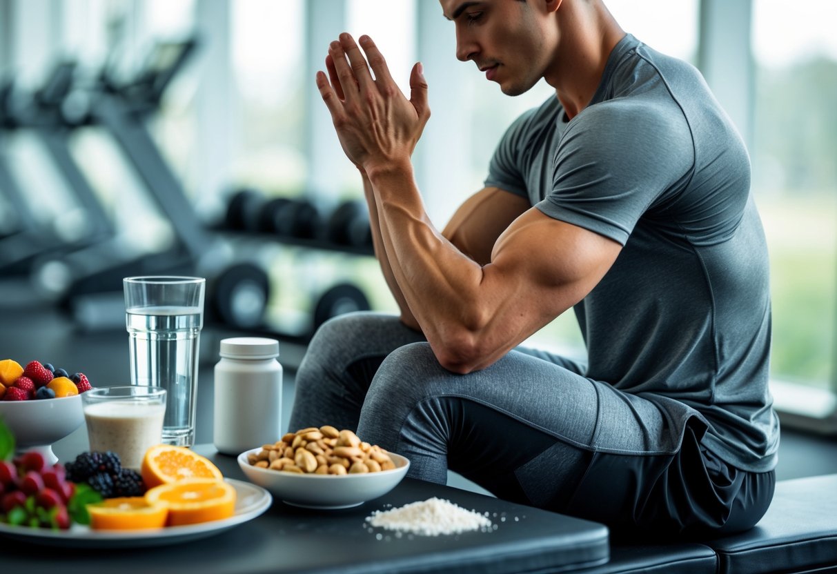 A fit young adult sitting on a gym bench massaging their arm, surrounded by healthy foods and supplements for muscle recovery.