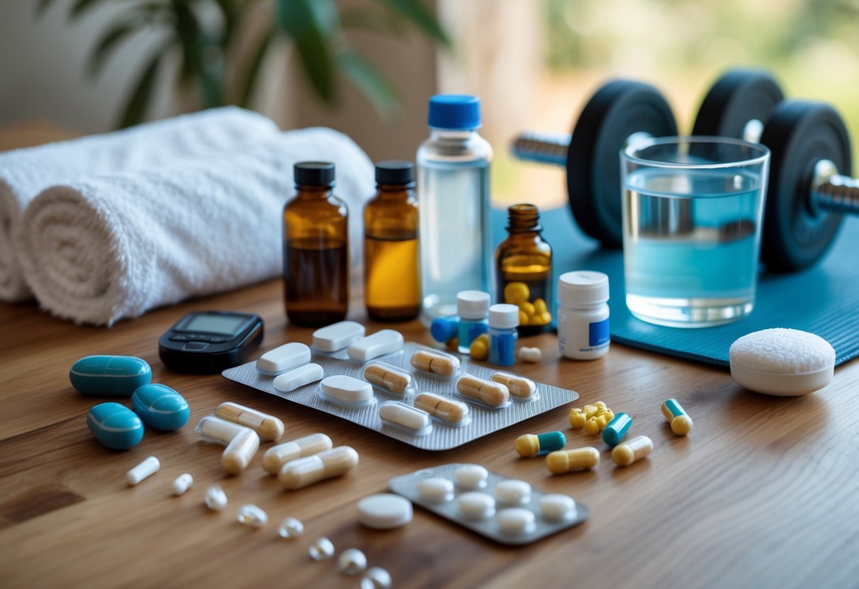 A table with various medications, supplements, a glass of water, and a towel, with fitness equipment in the background.