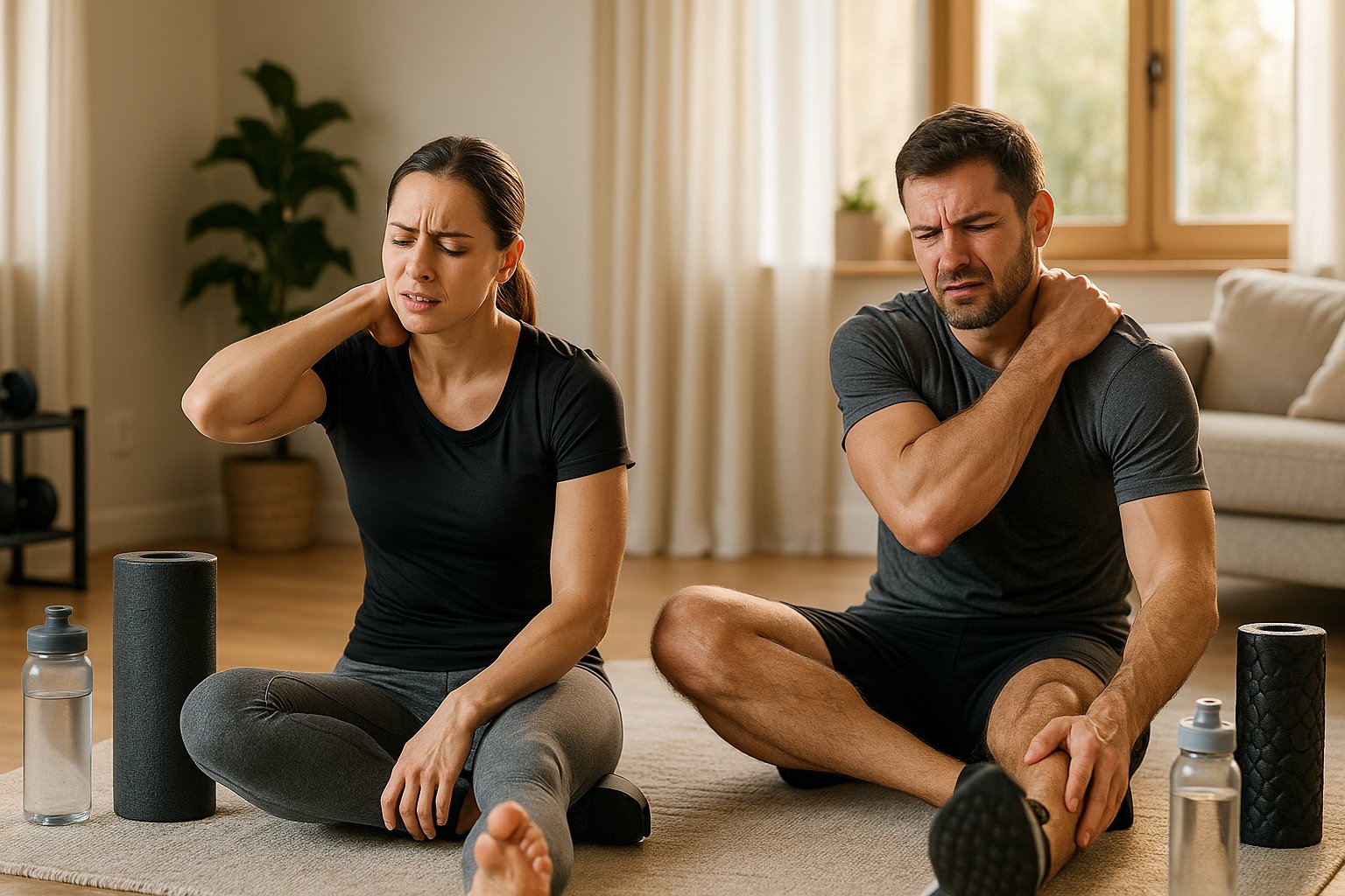 Athletic man and woman experiencing mild muscle soreness while stretching in a home gym or living room. Show foam rollers, water bottles, and a relaxing environment with natural light.