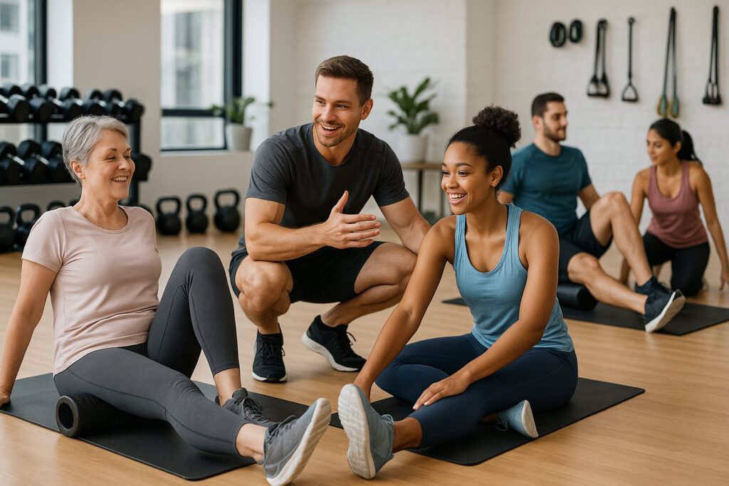 A group of people in a gym performing post-workout recovery activities like stretching and using foam rollers under the guidance of a trainer.