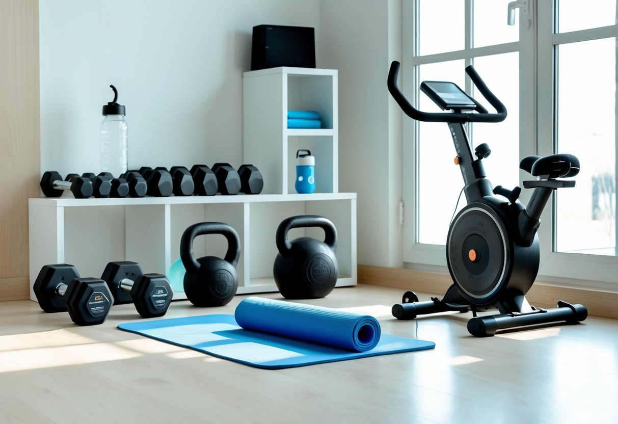 A small, organized home workout area with dumbbells, a yoga mat, resistance bands, a kettlebell, and a compact exercise machine near a window.
