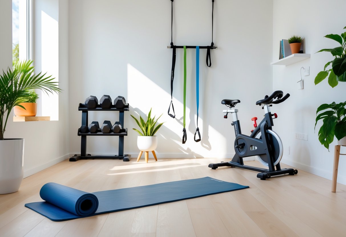 A small home workout area with a yoga mat, dumbbells, resistance band, and stationary bike near a window.