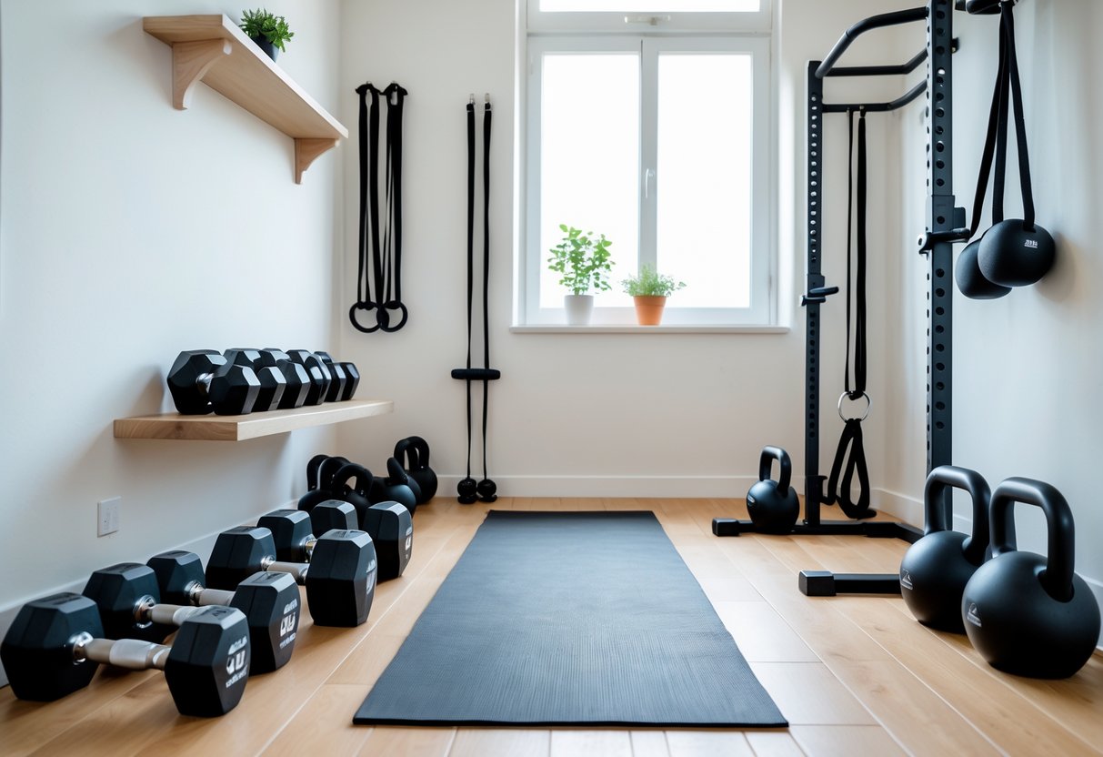 A small home workout space with dumbbells, resistance bands, a bench, kettlebells, a pull-up bar, and a yoga mat arranged neatly.