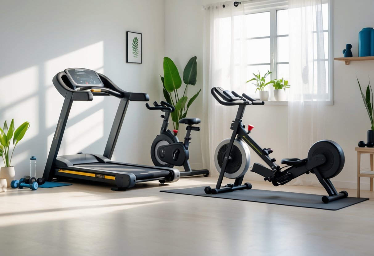 A small home gym with compact cardio machines arranged neatly in a bright room with natural light and minimal decor.