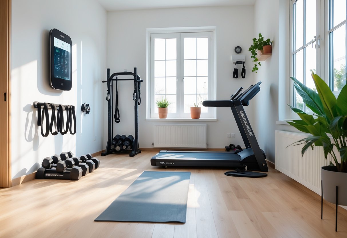 A small, well-organized home gym with smart workout equipment including dumbbells, resistance bands, a treadmill, and a fitness mirror in a bright room.
