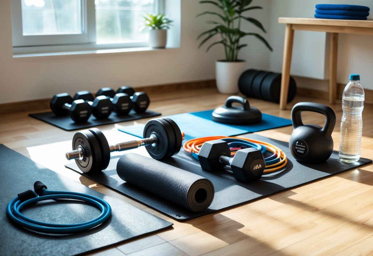 A small, organized home workout area with dumbbells, resistance bands, a yoga mat, kettlebell, foam roller, and water bottle arranged on a wooden floor near a window.
