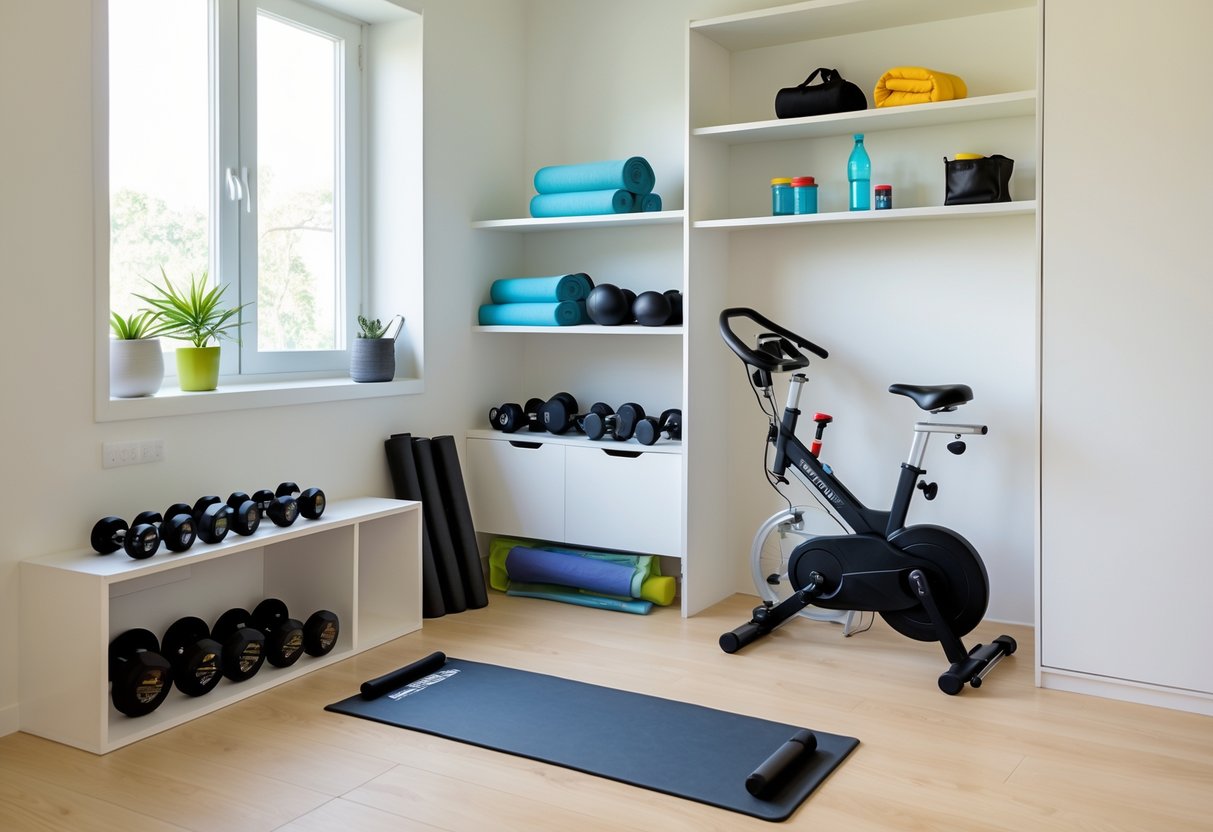 A small, well-organized living space with compact home workout equipment neatly arranged to maximize storage and functionality.