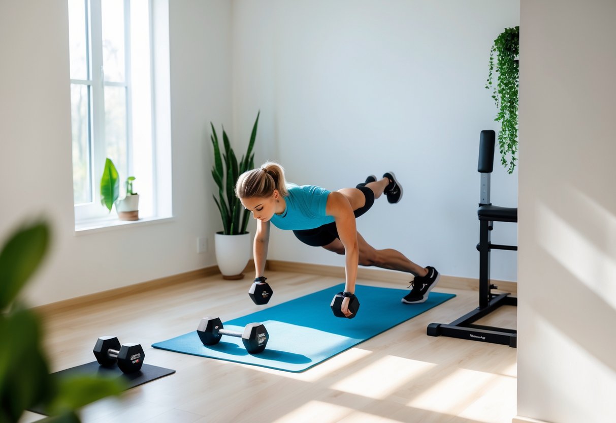 A person exercising in a small home gym with dumbbells, resistance bands, a kettlebell, a yoga mat, and a workout bench in a bright, organized room.