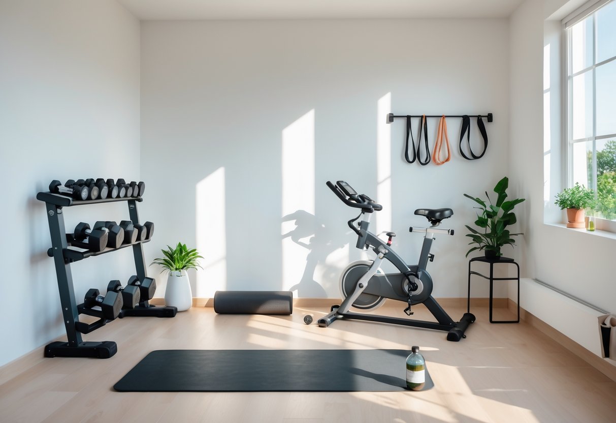 A small, organized home workout area with compact dumbbells, resistance bands, a yoga mat, and a stationary bike near a window.