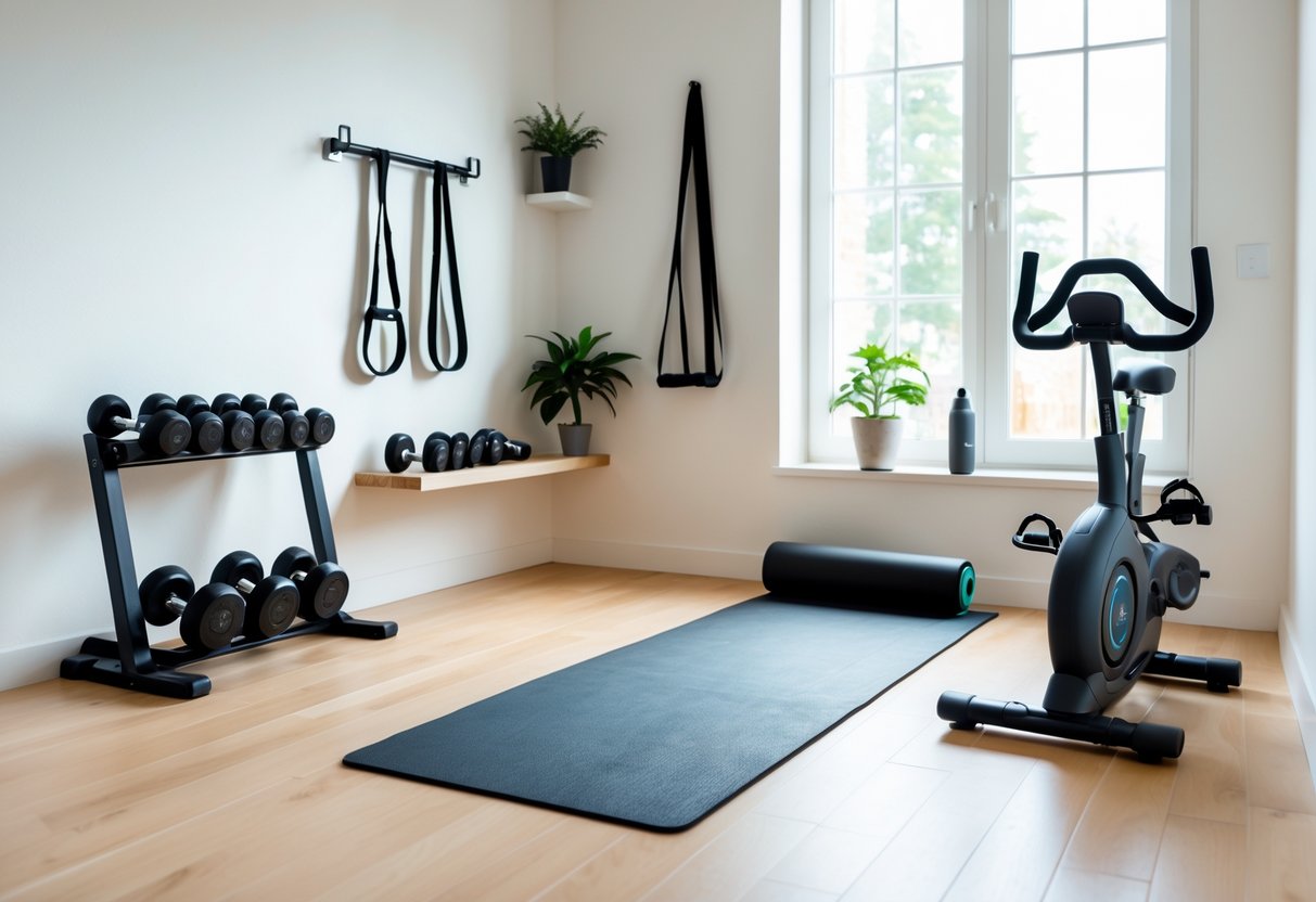 A small home workout area with dumbbells, a yoga mat, resistance bands, and a stationary bike near a window.