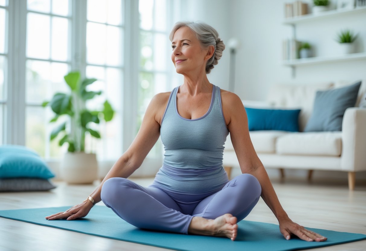 A person performing a seated spinal twist stretch on a yoga mat in a bright living room, demonstrating home stretching exercises for sciatica relief.