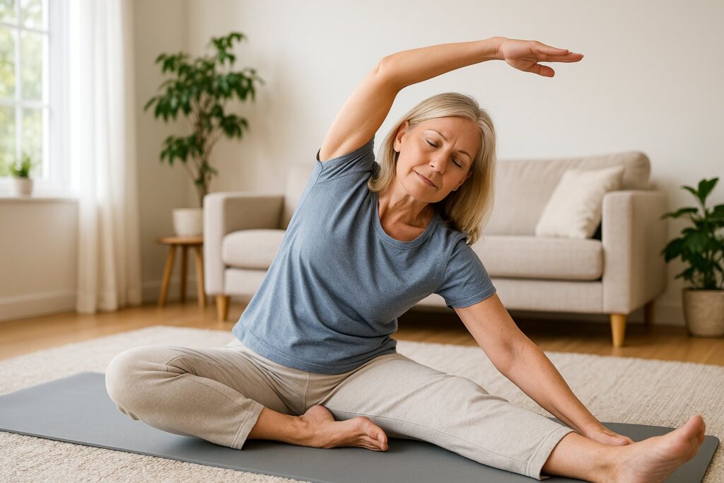 A middle-aged woman performing gentle stretching exercises for sciatica in a bright living room to relieve pain.