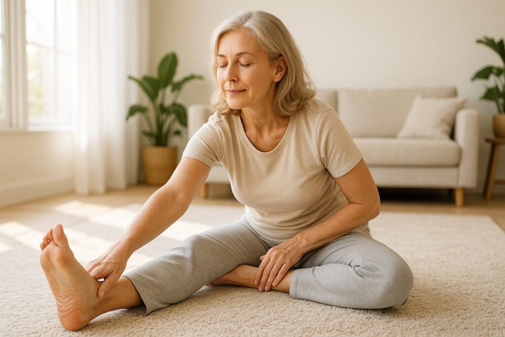 A middle-aged woman performing gentle stretching exercises for sciatica in a bright living room to relieve pain.