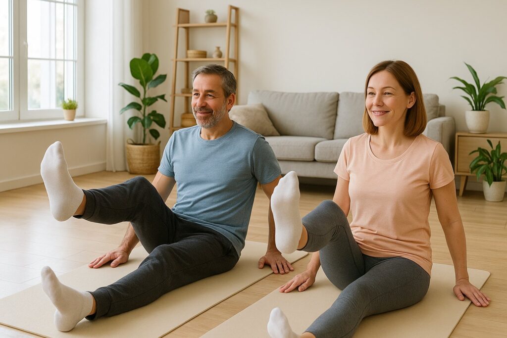 a couple doing Low-Impact Aerobic Exercises for Sciatica in bright living
