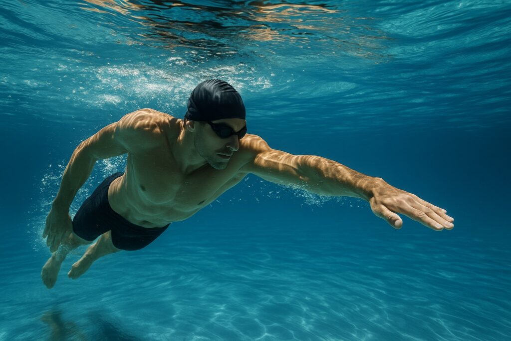 Underwater shot of a person swimming freestyle.