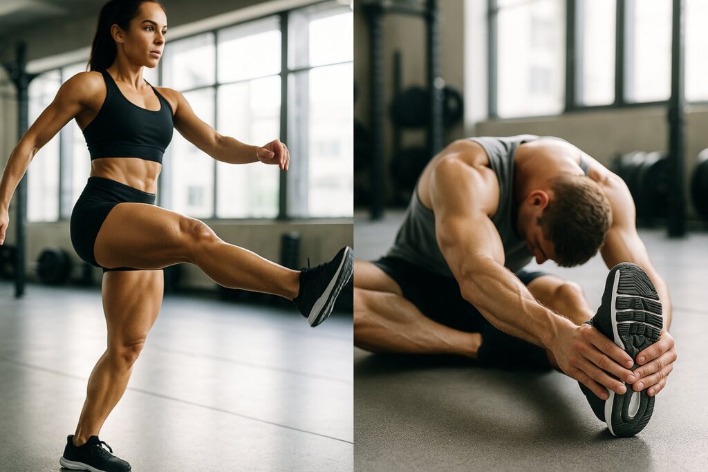 A split-image showing a woman doing dynamic leg swings on one side and another person in a seated static hamstring stretch on the other, in a bright gym setting, high contrast, clear muscular definition.
