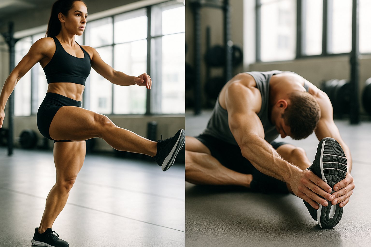 A split-image showing a woman doing dynamic leg swings on one side and another person in a seated static hamstring stretch on the other, in a bright gym setting, high contrast, clear muscular definition.