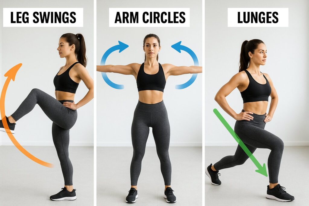 Collage of exercises — leg swings, arm circles, lunges — with labels and arrows showing movement direction.